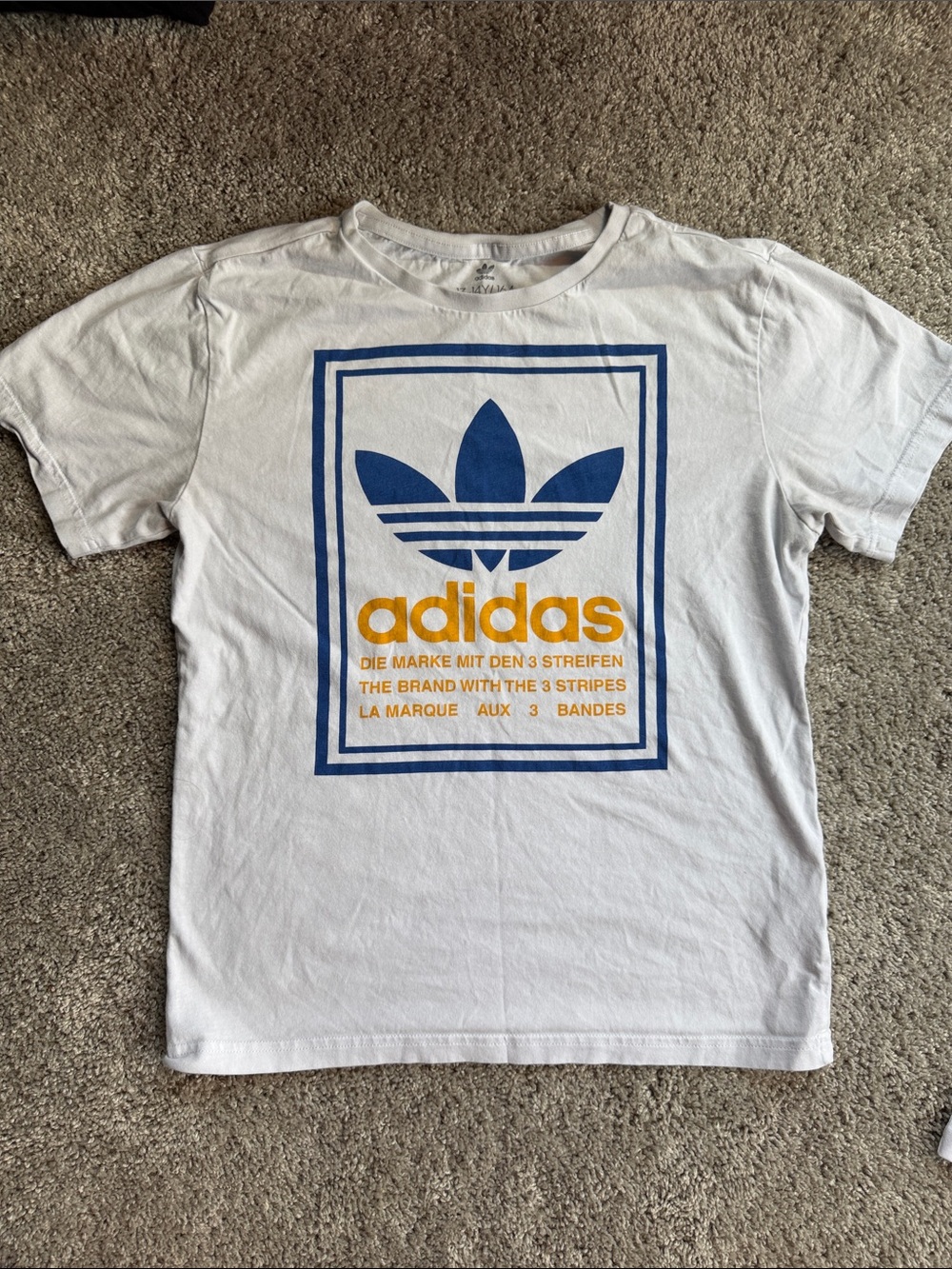 adidas White Tee with Blue Trefoil and Gold Logo